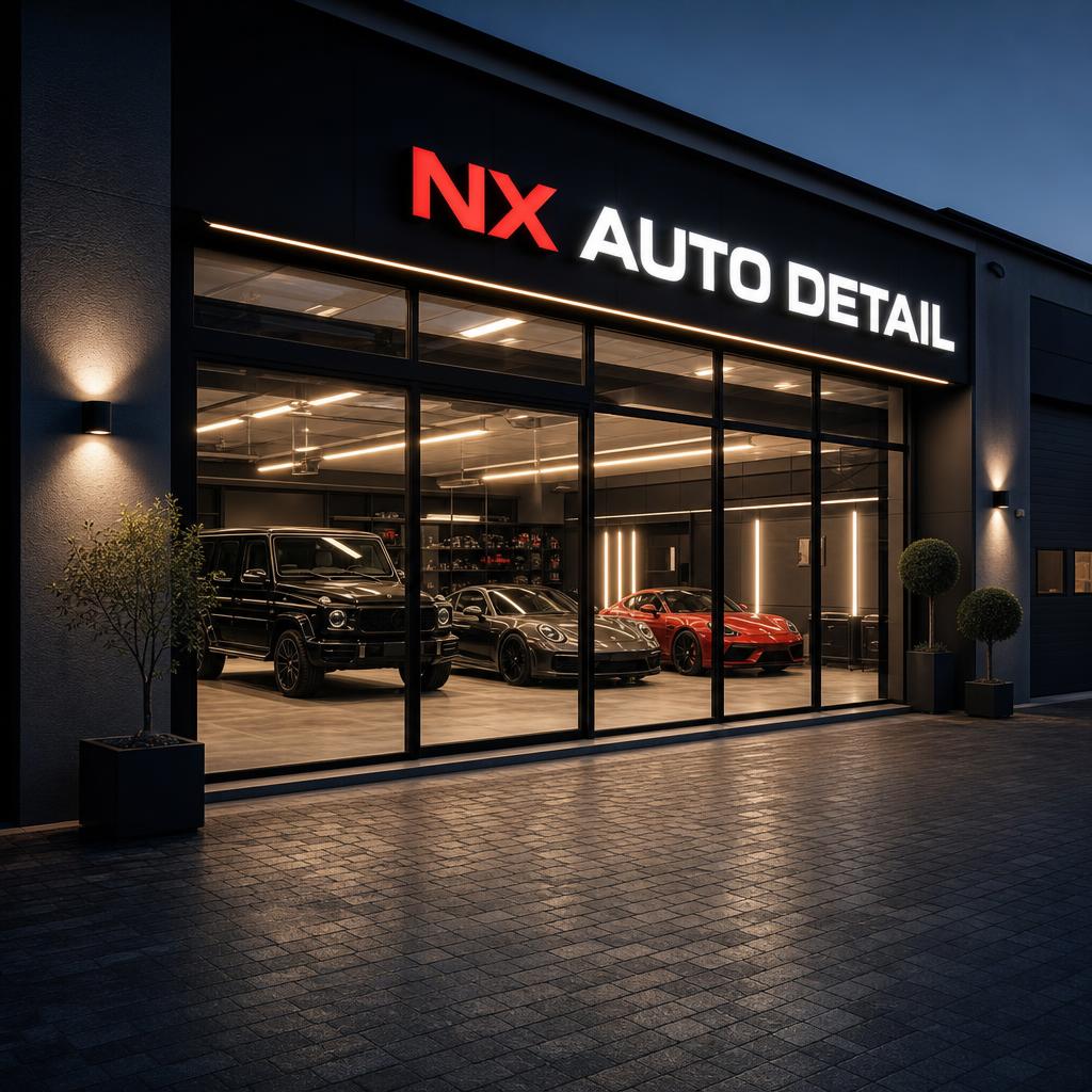 NX Auto Detail premium workshop storefront with large glass windows and dark facade